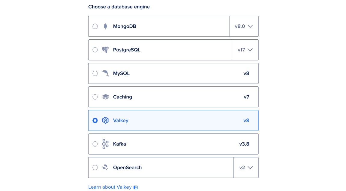 The database engine selection portion of the databases create page
